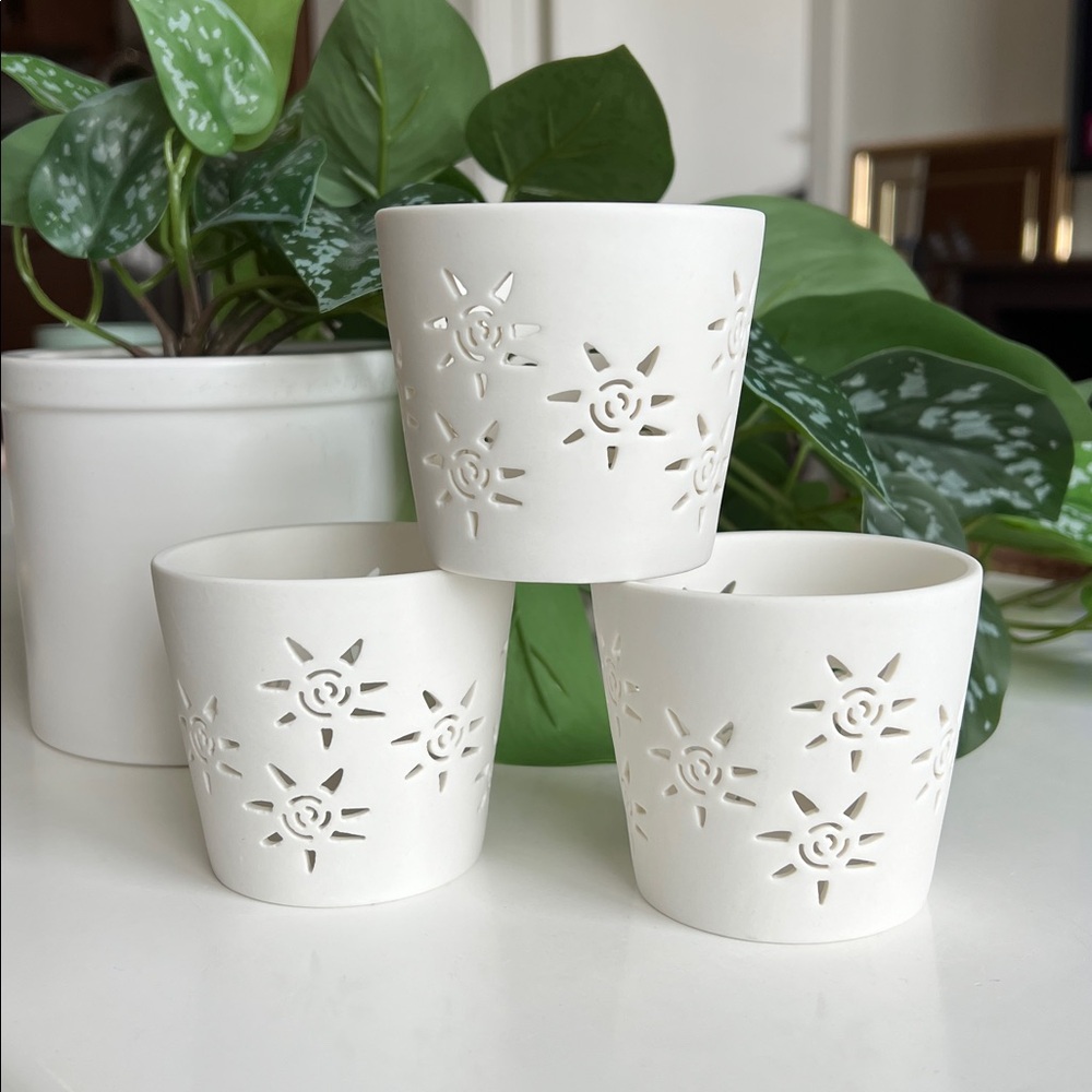 Ceramic Tea Light Candle Holders Sun Cutouts Set of 3 Vintage